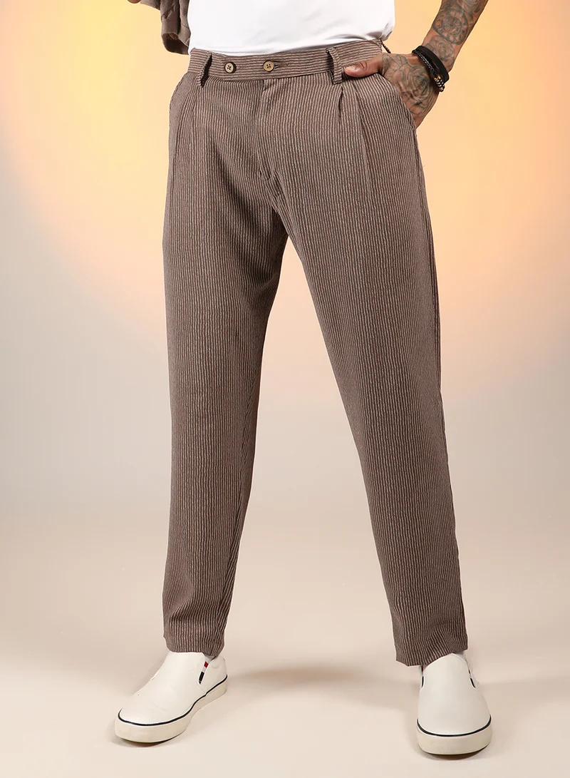 Men's Mocha Brown Striped Tailored Trousers For Casual Wear | Mid-Rise | Regular Fit | Button Closure | Trousers Crafted With Comfort Fit For Everyday Wear